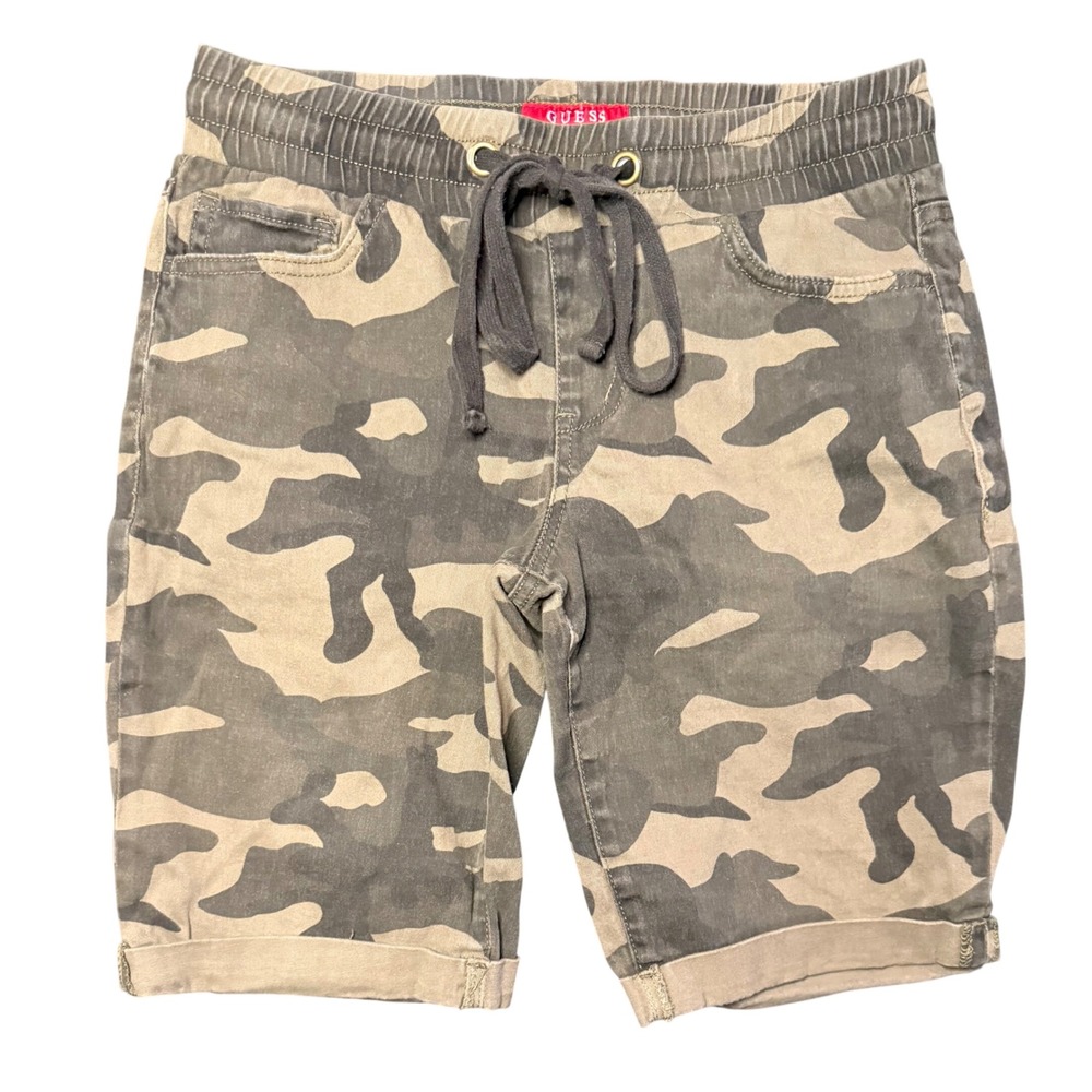 Guess Camo Cargo Shorts Women Small Green Tan Drawstring Elastic Q0PD16R3N01